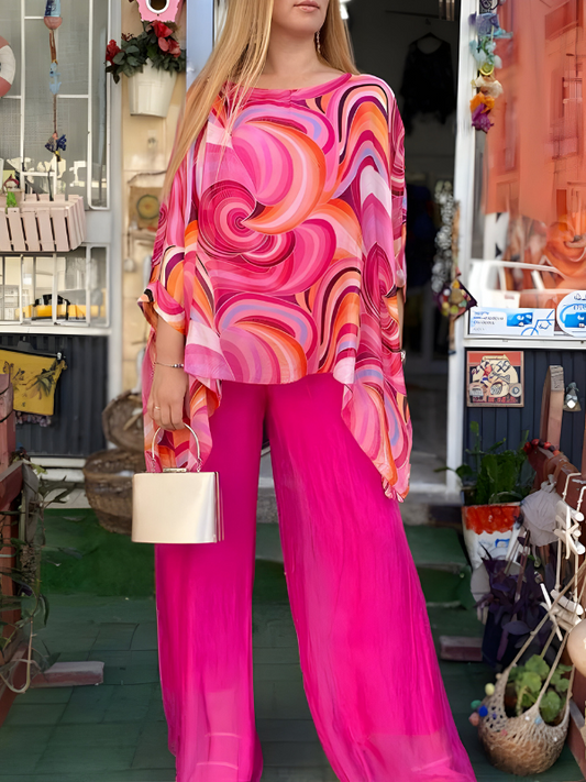 Nicole™ | Farverigt Chiffonsæt Med Rund Hals Og Print, Afslappet Stil
