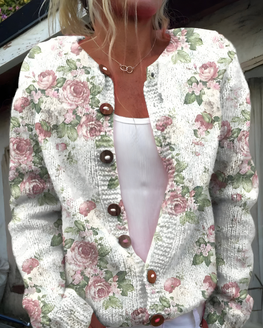Freja™ | Strikket Cardigan med Vintage Blomstermønster