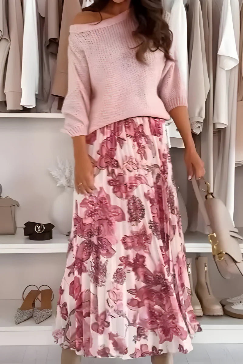 Nina™ | Behagelig Blomsterkjole & Strikket Sweater