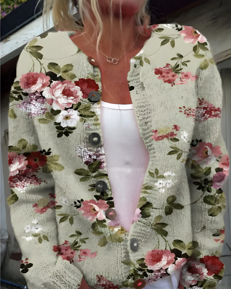 Freja™ | Strikket Cardigan med Vintage Blomstermønster