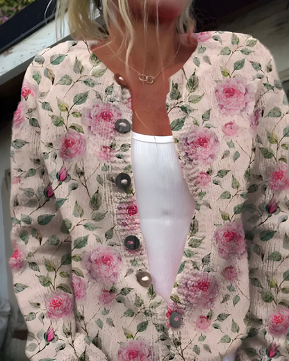 Freja™ | Strikket Cardigan med Vintage Blomstermønster