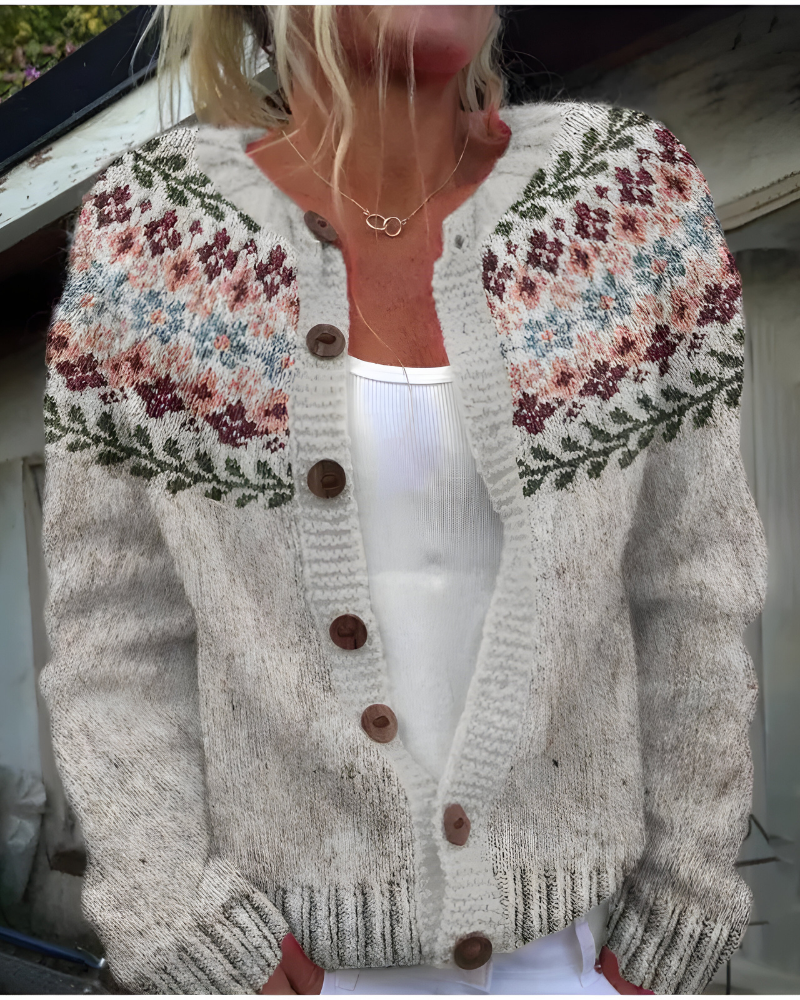 Freja™ | Strikket Cardigan med Vintage Blomstermønster